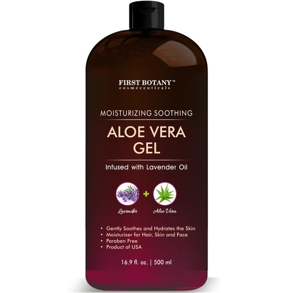 First Botany Pure Aloe vera gel - with 100% Fresh & Pure Aloe Infused with Lavender Oil - Natural Raw Moisturizer for Face, Skin, Body, Hair. Perfect for Sunburn, Acne, Razor Bumps 16.9 fl oz