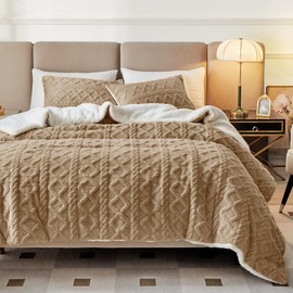 Joyreap 3-Piece Fluffy Faux Fur Sherpa Comforter Set Coffee, Twin Size Luxury Tufted Bedding Comforter Set, All Season Soft n Cozy Plush Comforter Bed Set- 100x88 inches