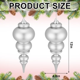 Soulchen 2 Pcs 12" Large Christmas Finial Drop Ornaments Giant Shatterproof Plastic Christmas Ball Ornaments Xmas Tree Topper Hanging Decorations for Holiday Xmas Decor (Silver Matte)