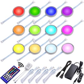 Lvyinyin RGBWW Under Cabinet LED Lighting Kit, Linkable Puck Light, RGB & Warm White, Wireless Remote Control Dimmer, 120V to 12V Direct Hard Wire Wall Plug, 12 Lights