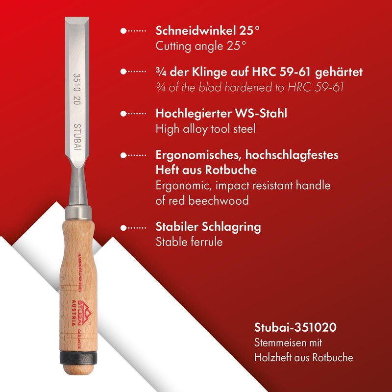 Stubai 351020 Wood Chisel with Beech Wood Handle, Silver/Beige, 20