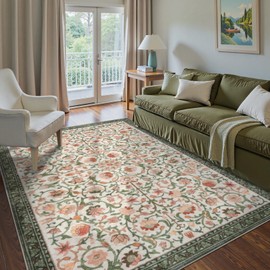 Anidaroel Washable Area Rugs 5x7, Floral Rug for Living Room Boho Area Rug, Non Slip Soft Large Bedroom Rug, Low Pile Stain Resistant Dining Room Rugs Indoor Floor Carpet for Dorm, Beige