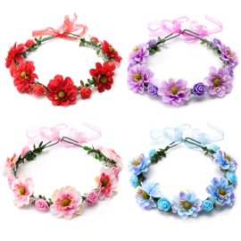 Qzakce Blumenkrone für Frauen Mädchen Blumen Stirnband Blumenkronen-Stirnbänder Blumenkrone Boho Blumen Haarkranz für hawaiianische Party Hochzeit Beach Festival Ferien Haarzubehör 4 Stück