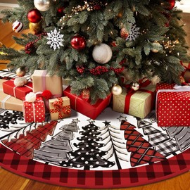 Gearock 48 Inch Christmas Tree Skirt, Watercolor Red and Black Buffalo Plaid Snowflakes Xmas Tree Skirt for 6-7.5 Ft Christmas Tree Winter Holiday Party Indoor Outdoor Decoration