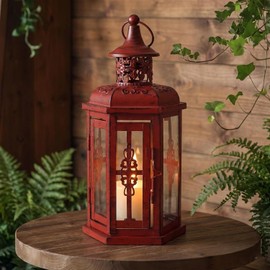 JHY Design - Farol Decorativo para Velas de 10 Pulgadas de Alto, Estilo clásico, para Interiores y Exteriores, Eventos y Bodas (Rojo con Cepillo para Polvo Negro)