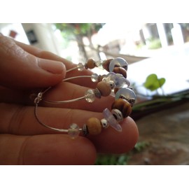 Hoop earrings with moonstone, wood and crystal. Silver-plated earrings in light blue and beige - brown, great material mix