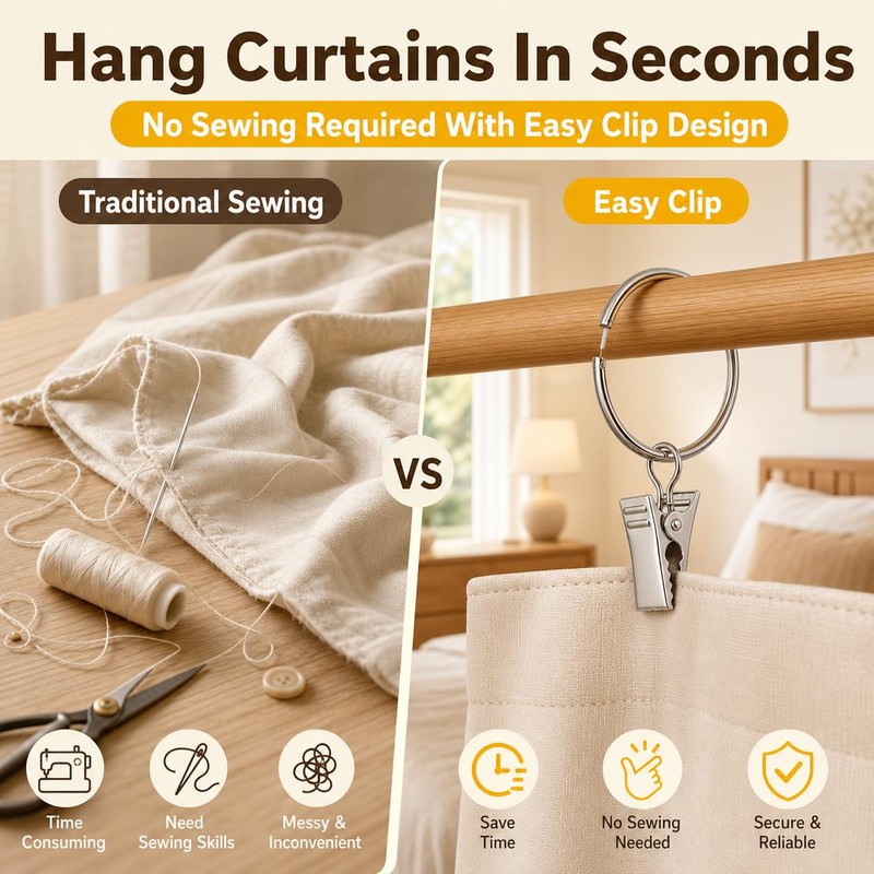 Kaaeiccr 45mm Curtain Rings With Clips, 20 Pack Metal Drapery
