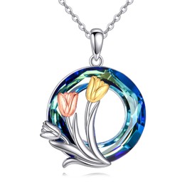 URONE Tulip Necklace 925 Sterling Silver Tulips Crystal Pendant Necklace Tulip Flower Jewellery Gifts for Women