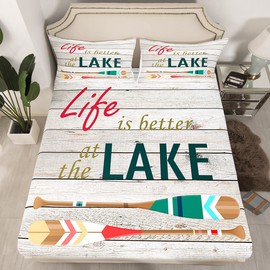 Castle Fairy Green Oar Sheets Set for Kids Teens,Lake Boating Geometry Quality Brushed Microfiber Bedding Set Rustic Style Wooden Stripes Flat Sheet Boys Girls Room Decor,Full Size