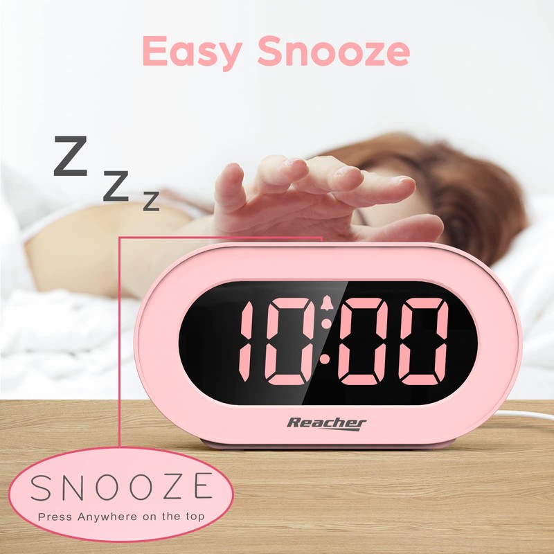 REACHER Pink Girls Alarm Clock for Kids Bedroom, Dimmable LED