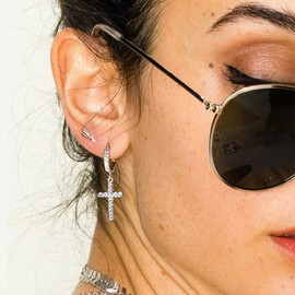 Me&Hz Sterling Silver Plated Cross Earrings Silver Huggie Hoop Earrings Cubic Zirconia Cross Charm Dangle Drop Cross Earrings for Women Men 1st Communion Gifts Cross Jewelry