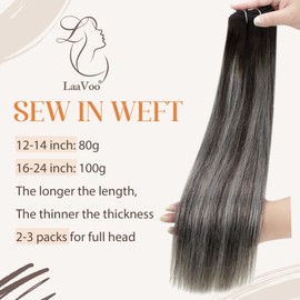 Autumn Deal: LaaVoo Real Hair Wefts Black Ombre Silver 35 cm Sew-in Extensions Weft Real Hair 80 g #1B/Silver/1B Black Balayage Silver Hair Weft Real Hair Wefts Human Hair Remy