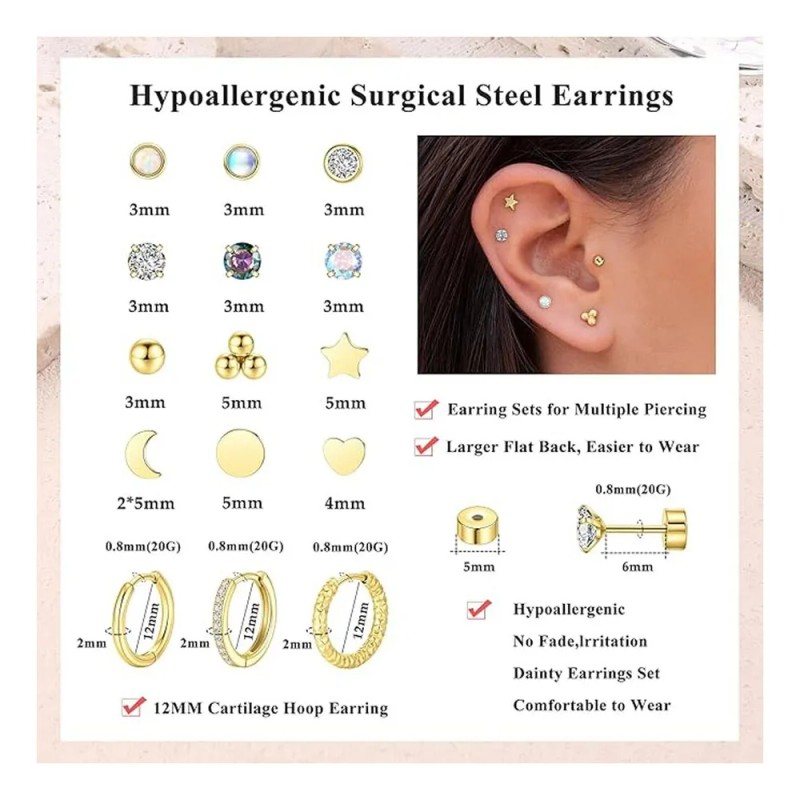15pare Arete Mujer Piercing Oreja Cartílago Acero Inoxidable