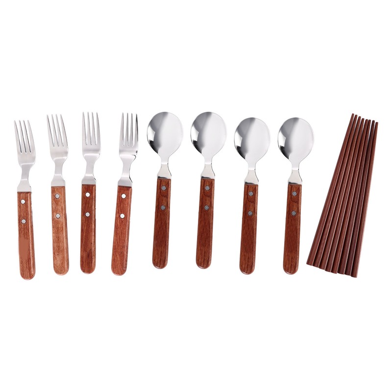 12 Pcs Stainless Steel Wooden Handle Tableware Set Outdoor 4