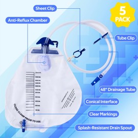 5 Pack Bedside Drainage Bag 2000 ML - Anti-Reflux Urinary Drain Bag Medical Grade Latex-Free Urine Bag