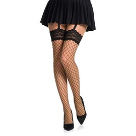 Romartex Chunky Mesh Suspender Stockings with Lace, black