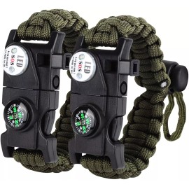Flint Supply Store Paracord Survival Bracelet Fire Starter, Compass Whistle, SOS Led Light USA SHIP - 1 Black & 1 Green Bracelet