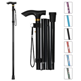 MFE Folding Cane, Portable 5-Level Adjustable Height Walking Stick with Foldable Design, Wrist Strap, and T Handle for Men and Women, Black