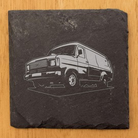 Ford Transit MK2 Van Design Rustic Gray Slate Coasters Set of 4 - Laser Etched, Natural Chipped Edge, Rubber Feet - Perfect for She-Shed or Man Cave - Handmade in Oregon USA by Small Business