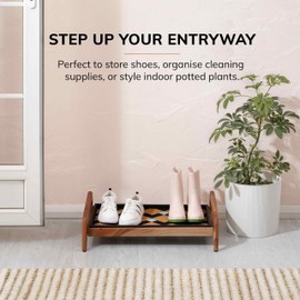 Anji Mountain Heavy Duty Waterproof Wooden Shoe Storage Mat Organizer/Boot Storage Tray Multi Use for Entryway with Coir, Tan and Ivory Insert, 1 Tier, Fits 2 Pair (26.5" Wide)