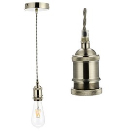 COZZY Vintage Ceiling Pendant Light Fitting, Light Grey Twisted Braided Flex,E27 Lamp Holder Suspended Pendant Light Fitting Kit-Satin Nickel