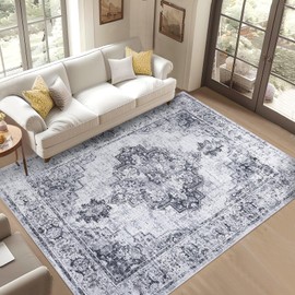8x10 Living Room Rugs, Soft Vintage Large Area Rugs for Bedroom Boho Farmhouse Low Pile Non-Slip Indoor Carpet Rugs for Living Room Dining Room Home (Grey, 8'x10')