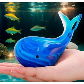 vskikris Blue Glass Whale Figurine Collectibles Hand Blown Art Glass Whale Sea Animal Paperweight Home Table Decor Gifts for Daughter Women Mom Gifts