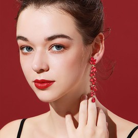 EVER FAITH Rhinestone Crystal Chandelier Clip-on Earrings for Women, Art Deco Marquise Teardrop Bridal Wedding Long Drop Accessories for Prom Red Gold-Tone