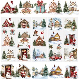 WANDIC 5 Sheets Christmas Snow Scene Scrapbook Stickers Santa Claus Furniture Stickers Fairytale Town Window Decals Rub on Transfers for Crafts,10 * 30cm