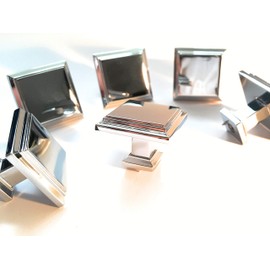 French Furniture Fittings Set of 6 Polished Chrome Art Deco Square Kitchen Cabinet Knobs, Knobs for Cupboard Drawers and Doors, Bedroom Furniture Knobs 32mm Square Shiny Silver