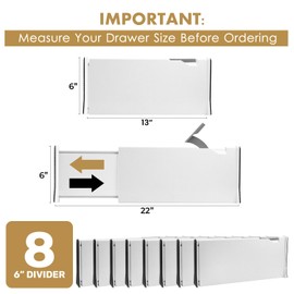 RAPTUROUS Adjustable Deep Drawer Divider – 6" Tall, Expandable 13-22", 8-Pack, Non-Slip Drawer Dividers for Clothes, Dresser, Kitchen & Office Organization (White)