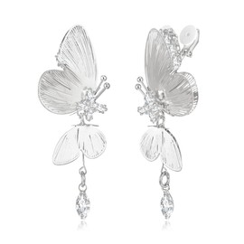 BriLove Cubic Zirconia Butterfly Clip-on Earrings for Women Ear Drop Dangling Wedding Party Prom Daily Wear Trendy Jewelry Accessory Clear Silver-Tone