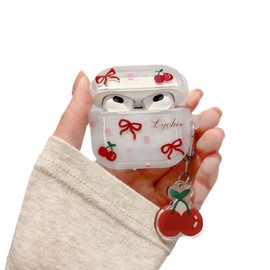 Earphone Case for AirPods 1/2, Lovely Transparent Clear Bowknot Cherry Case Soft Silicone Sleeve, AirPods 1/2 Cover Protective Skin Shockproof Protector for Earbuds +Cherry Keychain
