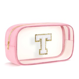 SEFORICO Initial Clear Makeup Bag - Make Up Bag Travel Toiletry Case Preppy Cosmetic Bags Organizer Gifts for Women Valentines Day Brithday Gift Mom Girl Gifts Clear Toiletry Bag (Pink T)