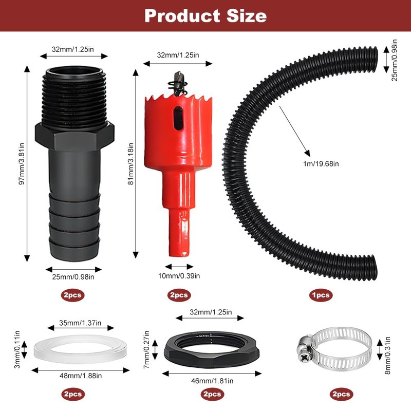 Water Butt Connector Kit, 1m Flexible Connection Hose, 2PCS Water