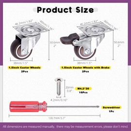 Swpeet 22Pcs 1.5 Inch Swivel Caster Wheels Set, Heavy Duty No Noise Rubber Casters 2 with Brakes 2 without Brakes, Locking Casters with Screws and Screwdrvier, Swivel Plate Castor Wheels for Furniture