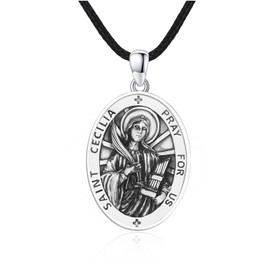 DOTBJ St Cecilia Harp Medal Necklace, Patron Saint of Musician Singer 925 Sterling Silver Pendant with Leather Chain 18"