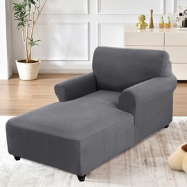 Gray Fitted Chaise Lounge Couch Cover - Double Arm, Stretch Slipcover, Washable Furniture Protector with Small Checks