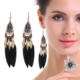 MALOYANVE Punk Vintage Brown Long Tassel Feather Beads Drop Wolf Tooth Pendant Earring Bohemian Fish Hook Dream Catcher Design Earrings Gift for women and grils (Black)