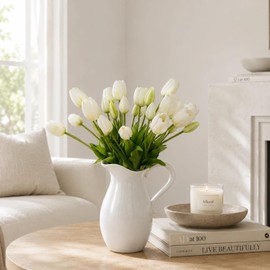 LYLYFAN 20 Pcs Artificial Tulips Flowers White Faux Tulip Flowers Arrangement Realistic Artificial Flowers for Home,Wedding,Spring Farmhouse Decor