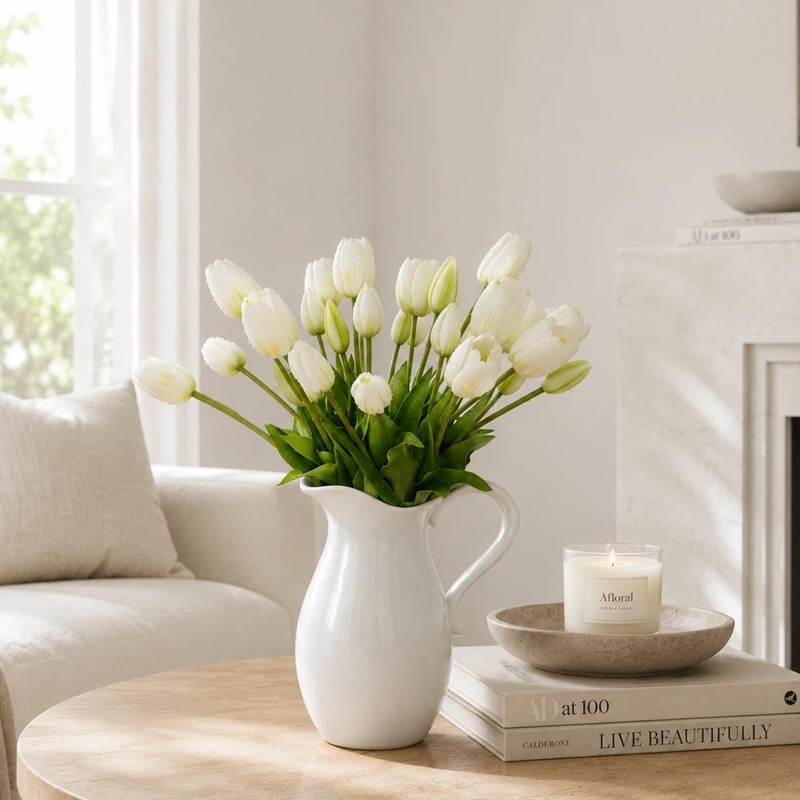 LYLYFAN 20 Pcs Artificial Tulips Flowers White Faux Tulip Flowers