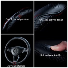 Black Leather Steering Wheel Cover Cowhide Wheel Cover Genuine Leather SUV Steering Wheel Covers Universal Size L / 15.5inch Fit Car/Auto/SUV (B-Black-L)