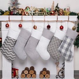 LUBOT Christmas Stocking Family Decorations Geometric Pattern Xmas Gift Ornaments Embroidery Custom Name linen Christmas Stockings for Kids Holiday Christmas Party Decor 6 Pack