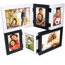 EXCELLO GLOBAL PRODUCTS Folding Wooden Collage Photo Frame, Holds 3x5 and 5x7 Photos, Desk Stand or Wall Mount, Black and White