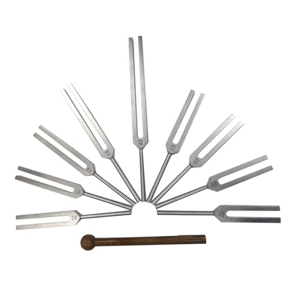 Radical Sacred Solfeggio 9Pc Tuning Forks - incl 528Hz with Wood Hammer Mallet for High Hz Short Forks