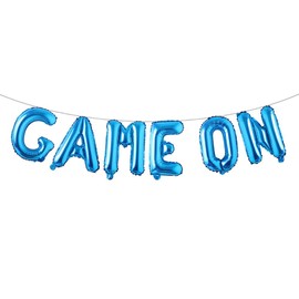GAME ON Balloons Banner Black Game Themed Birthday Party Decoration and Supplies Sign (GAME ON Blue)