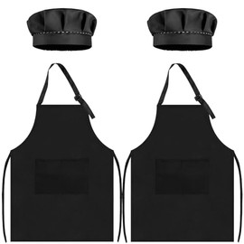 TOPWAYS Kids Apron and Chef Hat, Kids Aprons for Cooking, 2 Pack, Adjustable, Kids Chef Outfit, Toddler Kitchen Cooking Apron, Kids Artist Apron, Bibs for Kids from 3 4 5 6 7 8 9, 2 x black set
