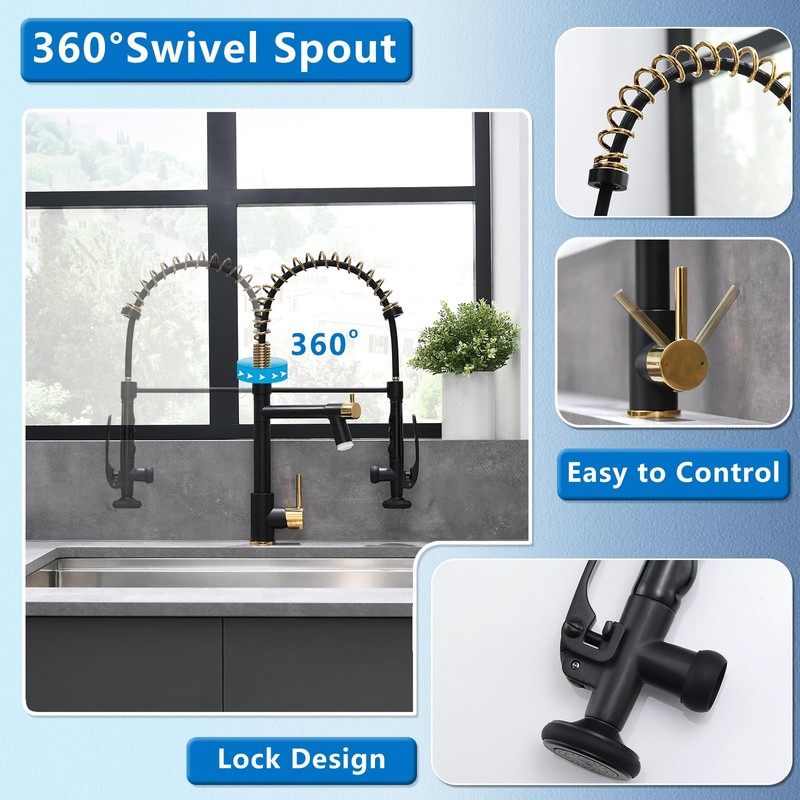 Fapully LED Kitchen Faucet with Pull Down Sprayer,Black&Gold Commercial Kitchen