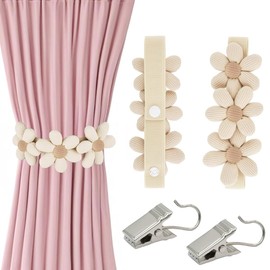 NHQZ Pack of 2 Curtain Tiebacks, with Two Clips, Flower Curtains, Tiebacks, Cute Boho Decorative Curtain Holders, Elastic Curtain Holder with Adjustable Straps, Curtains Rope for Home, Office (Beige),