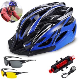 Casco Bicicleta para Hombre y Mujer, Cascos integrales ligeros para adultos Bicicleta, Cascos ajustables para bicicletas de montaña y carretera con luz de bicicleta recargable por USB + gafas (Azul)